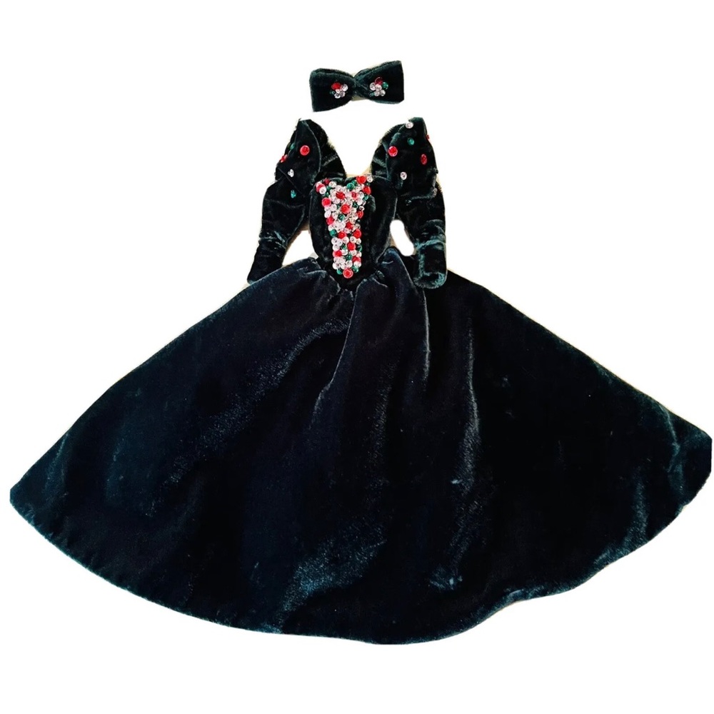 Vintage 1991 Happy Holidays Barbie Dress + Hair Bow Green Velvet Sequined Rare